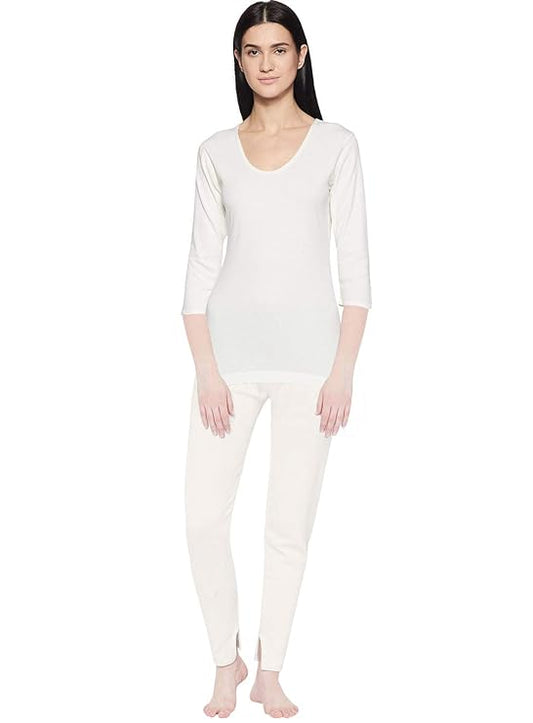 Lux Inferno WHITE Round Neck 3/4Th Sleeves Upper and Lower Thermal Set for Women - DEEPMALA HOSIERY