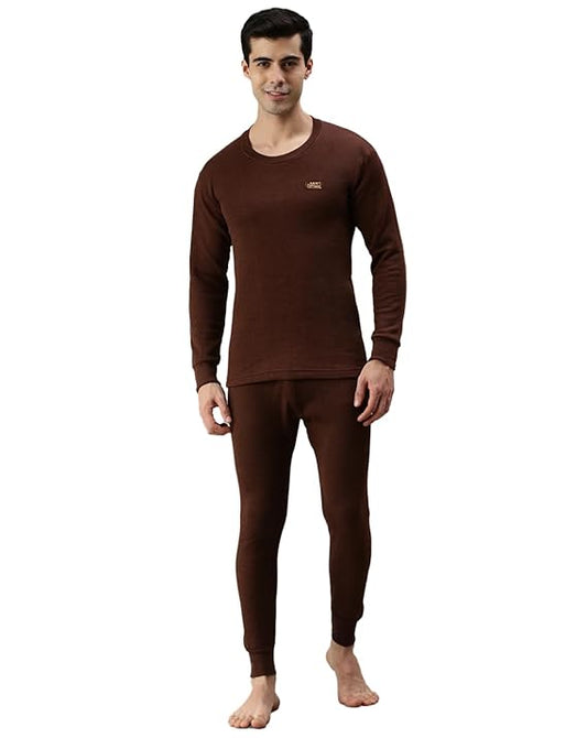 Lux Cottswool Men's BROWN R-Neck Thermal Top and Lower Set - DEEPMALA HOSIERY