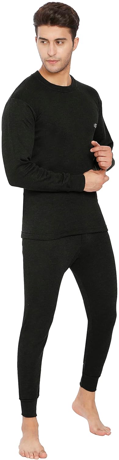 Lux Cottswool Men's BLACK R-Neck Thermal Top and Lower Set - DEEPMALA HOSIERY