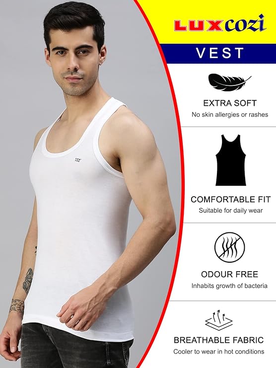 Lux Cozi Men's White Round Neck Sleeveless Cotton Vest (Pack of 5) - DEEPMALA HOSIERY