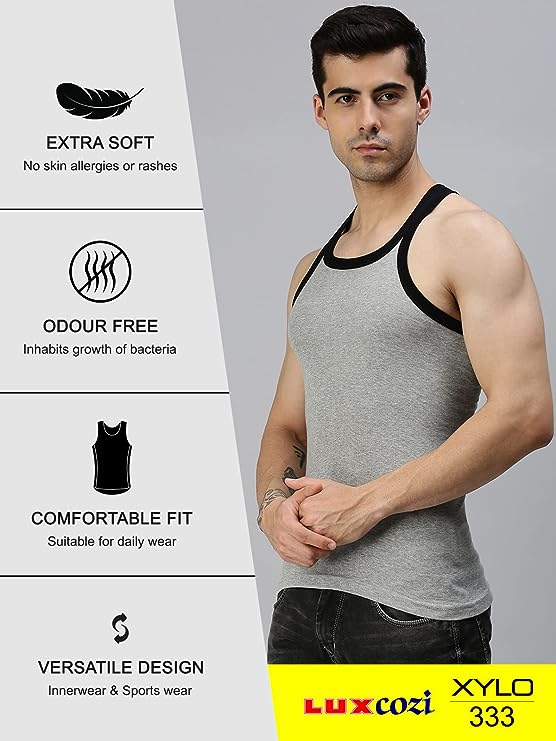 Lux Cozi Cotton Plain/Solid Sleeveless Gym Men's Vest - Pack of 4 (#Xylo-333-Assorted) - DEEPMALA HOSIERY