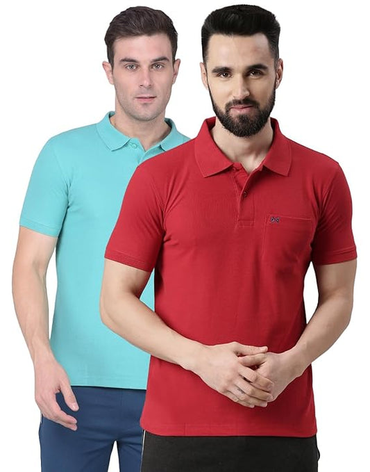 Force NXT Super Combed Cotton Men's Pack of 2 Collared Polo Solid T-Shirt With Pocket