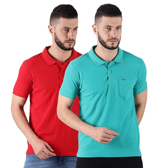 Force NXT Super Combed Cotton Men's Pack of 2 Collared Polo Solid T-Shirt With Pocket