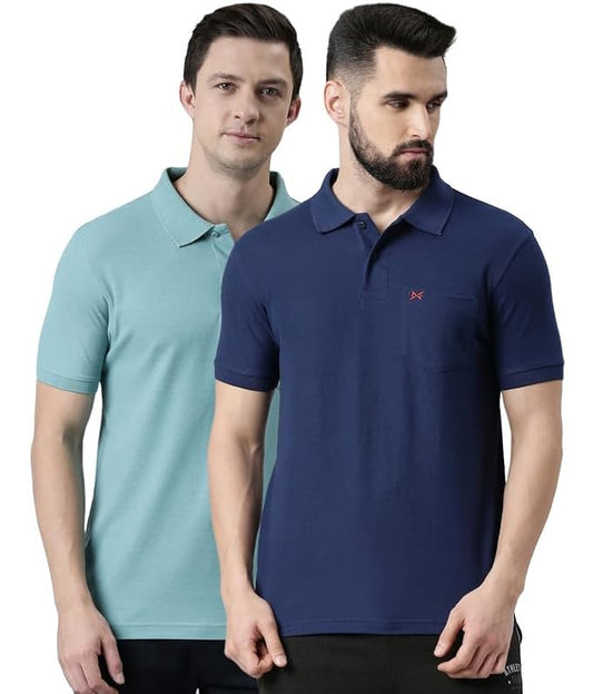 Force NXT Super Combed Cotton Men's Pack of 2 Collared Polo Solid T-Shirt With Pocket