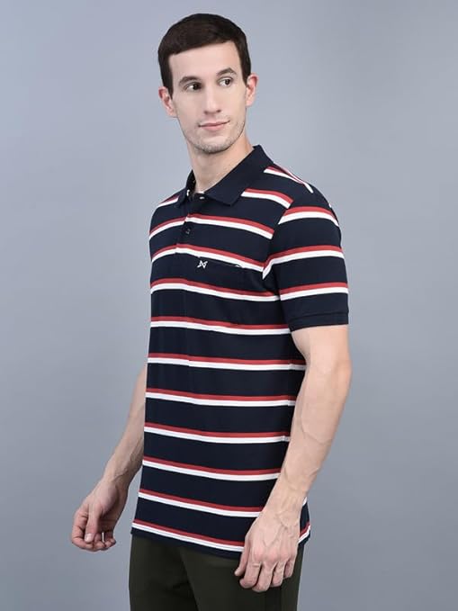 Force NXT Men's Pack of 1 Striped Super Combed Cotton Polo T-Shirt