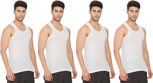 Lux Cozi 100% Cotton Men's Sleeveless Parker(LINING) White Vest Pack Of 4