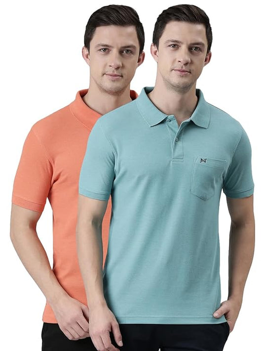 Force NXT Super Combed Cotton Men's Pack of 2 Collared Polo Solid T-Shirt With Pocket