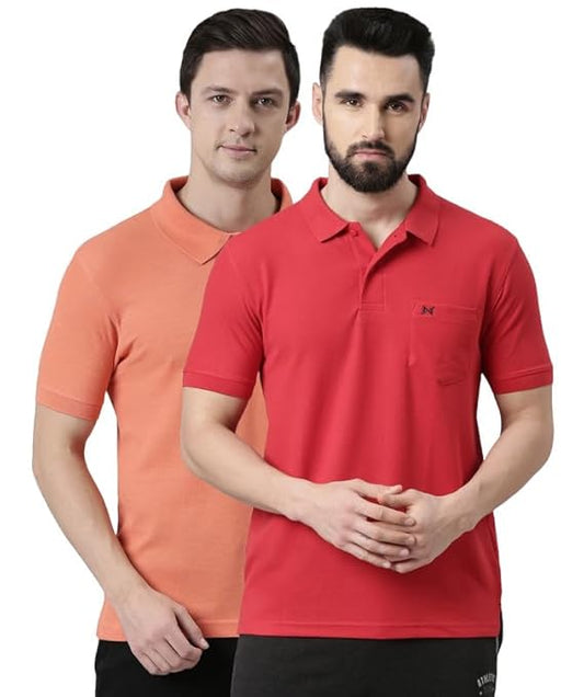 Force NXT Super Combed Cotton Men's Pack of 2 Collared Polo Solid T-Shirt With Pocket