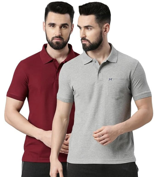 Force NXT Super Combed Cotton Men's Pack of 2 Collared Polo Solid T-Shirt With Pocket