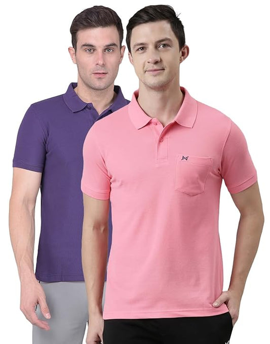 Force NXT Super Combed Cotton Men's Pack of 2 Collared Polo Solid T-Shirt With Pocket