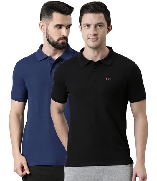 Force NXT Super Combed Cotton Men's Pack of 2 Collared Polo Solid T-Shirt With Pocket