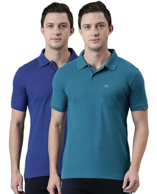 Force NXT Super Combed Cotton Men's Pack of 2 Collared Polo Solid T-Shirt With Pocket