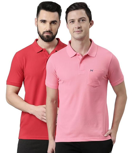 Force NXT Super Combed Cotton Men's Pack of 2 Collared Polo Solid T-Shirt With Pocket