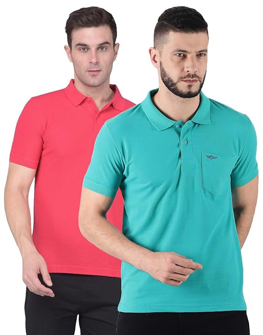 Force NXT Super Combed Cotton Men's Pack of 2 Collared Polo Solid T-Shirt With Pocket