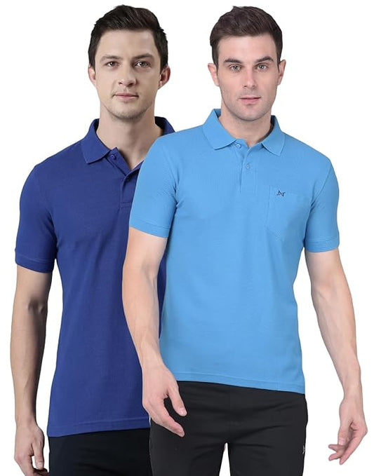 Force NXT Super Combed Cotton Men's Pack of 2 Collared Polo Solid T-Shirt With Pocket