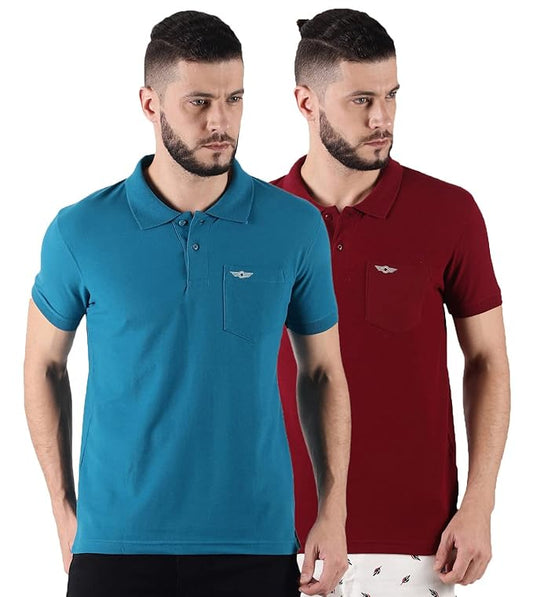 Force NXT Super Combed Cotton Men's Pack of 2 Collared Polo Solid T-Shirt With Pocket