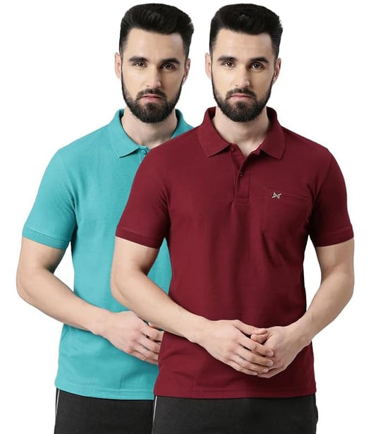 Force NXT Super Combed Cotton Men's Pack of 2 Collared Polo Solid T-Shirt With Pocket